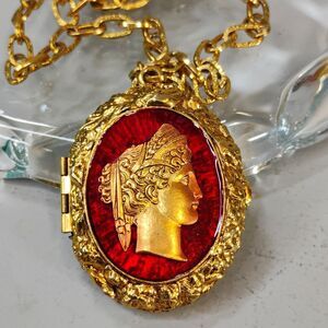 Vintage ART Greek Revival Cameo Photo Locket Pendant  Chain Necklace Red Lucite